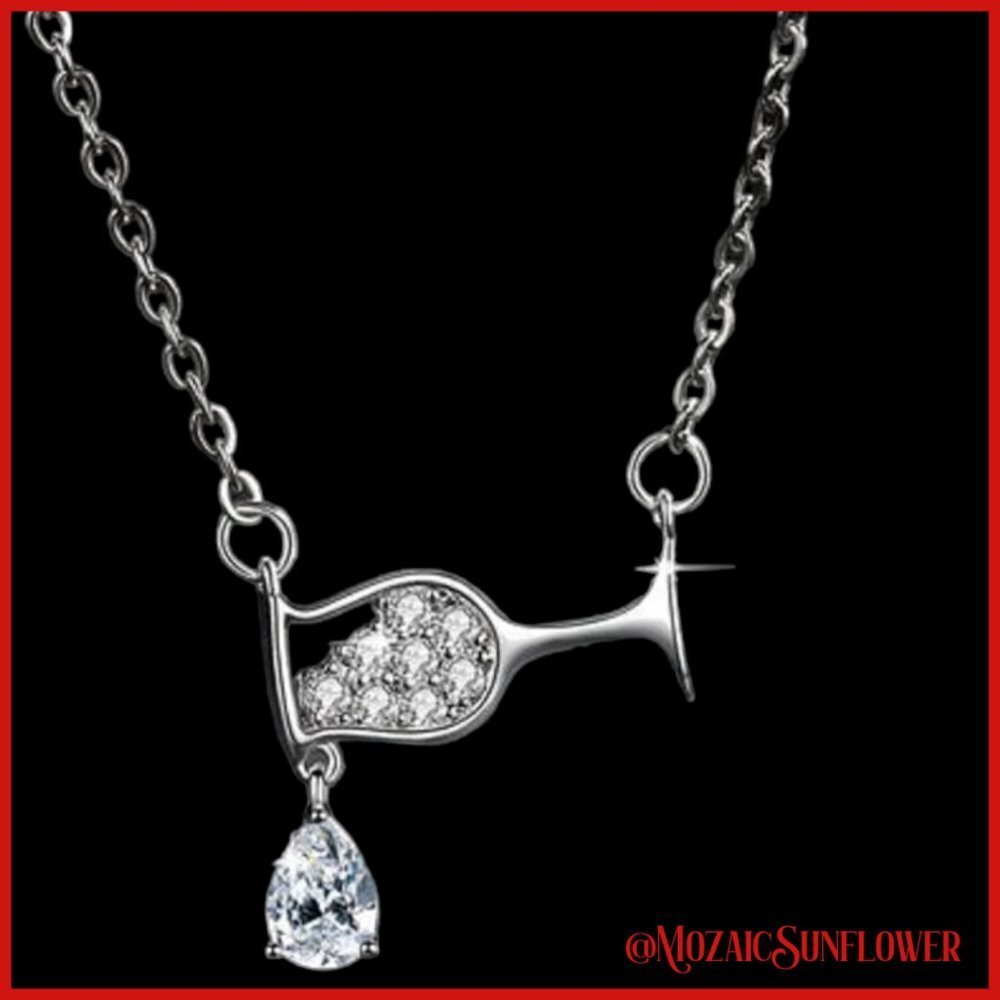 Silver Wine Glass 8 White CZ 1 Teardrop Solitaire Necklace 2" Extender O Link